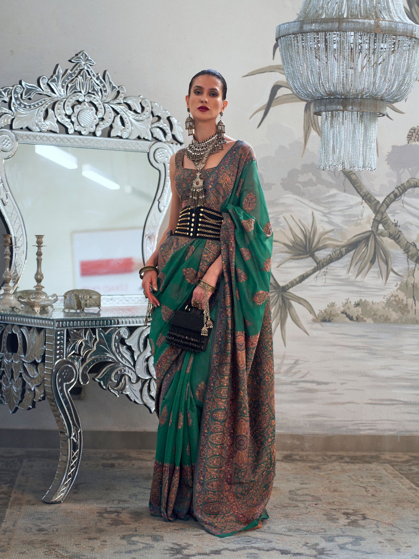 Emerald Green Kqaalib Kashmiri Handloom saree