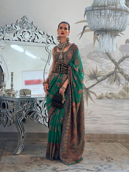 Emerald Green Kqaalib Kashmiri Handloom saree