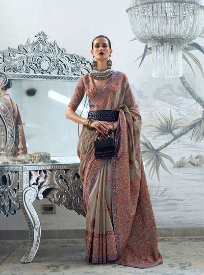 Beige Brown Kqaalib Kashmiri Handloom saree