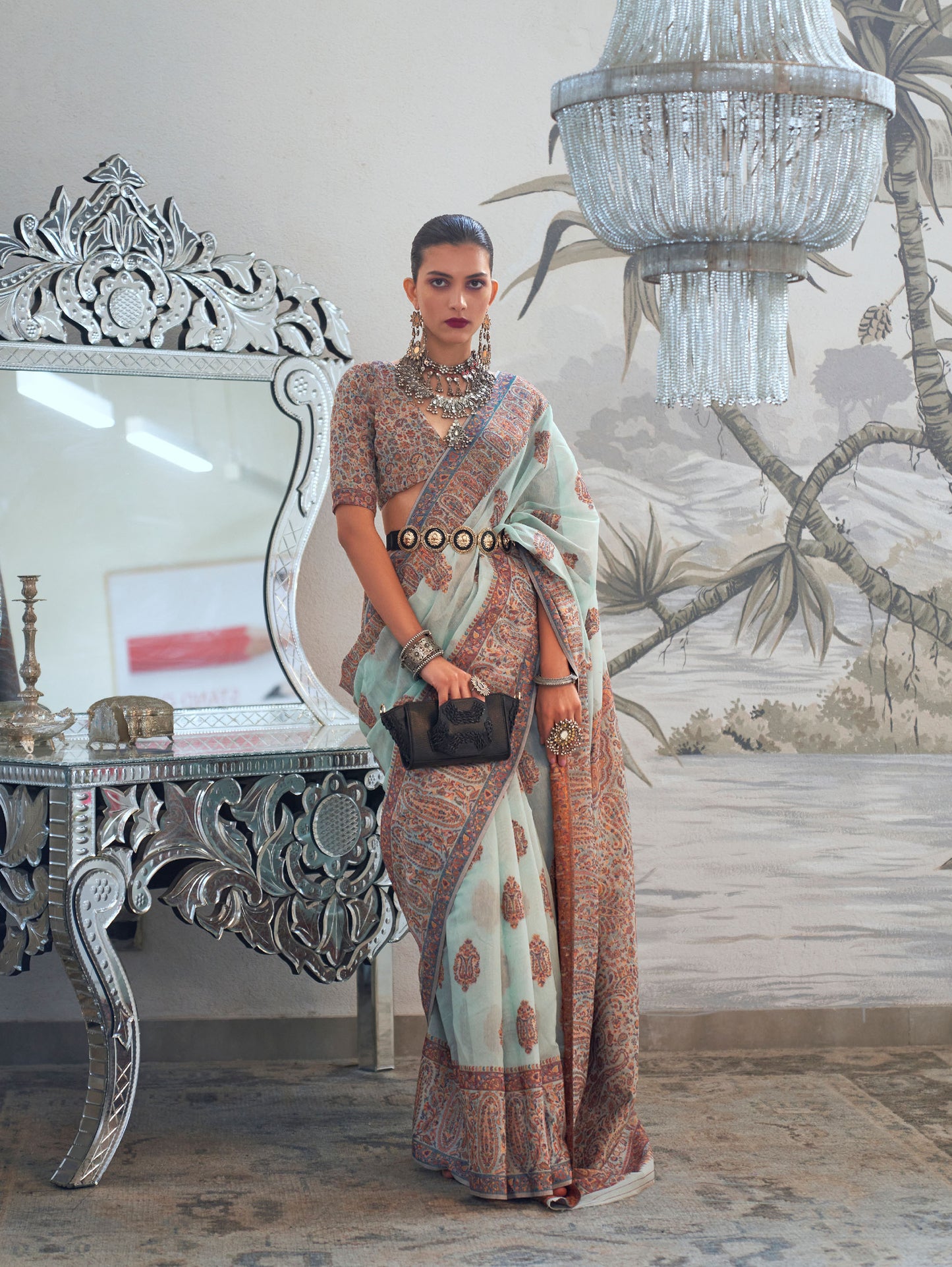 Pastel Green Kqaalib Kashmiri Handloom saree