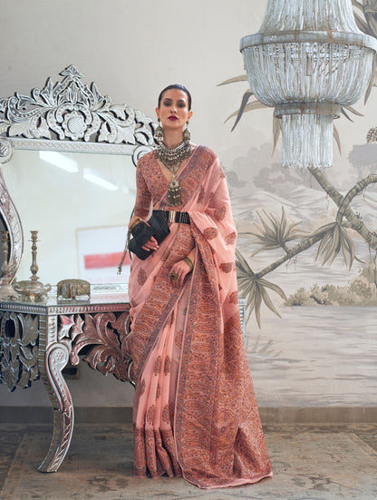Salmon Pink Kqaalib Kashmiri Handloom saree