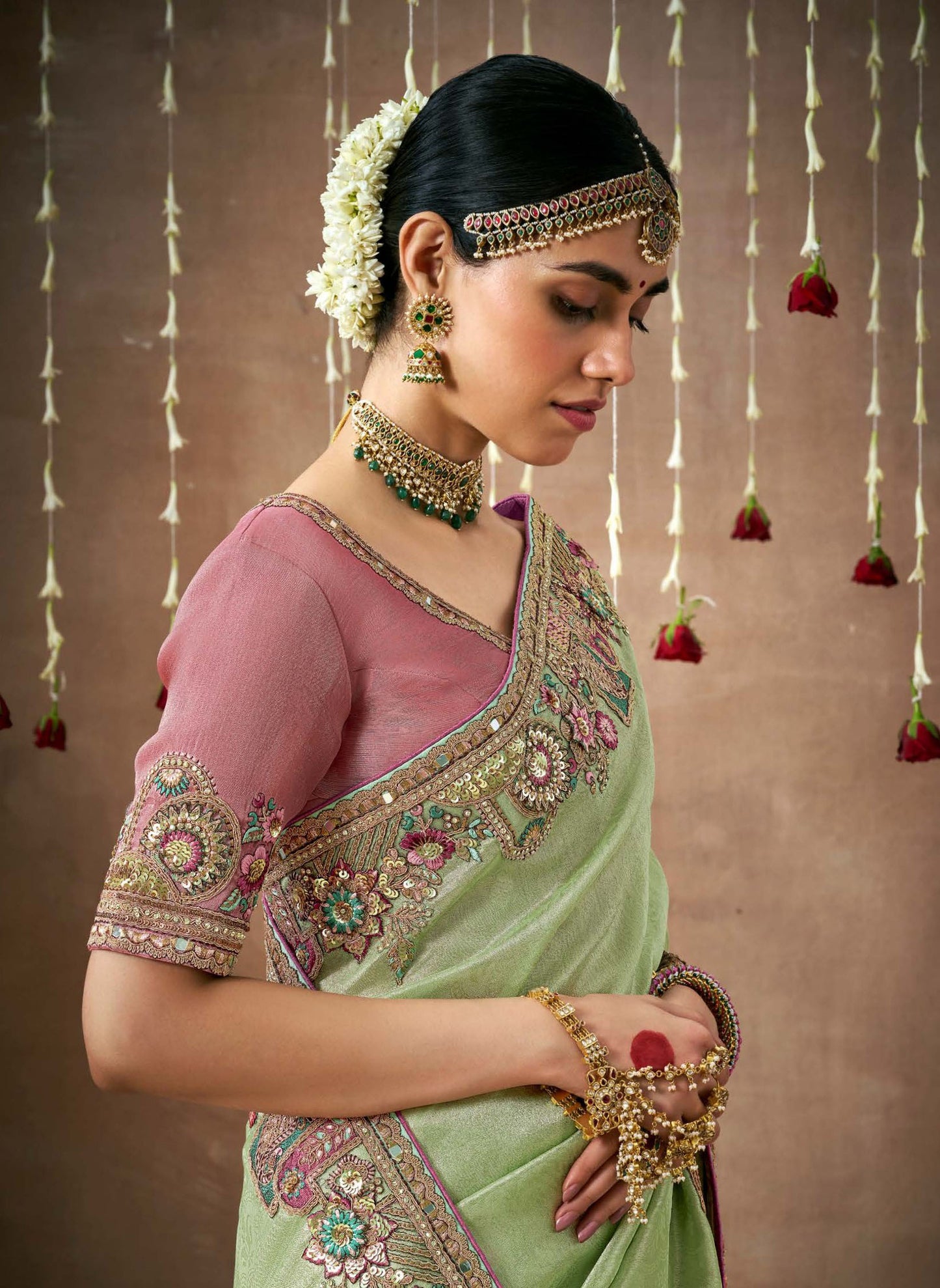 Sea Green Tissue Dola Silk Pearl & Mirror Embroidery Dulhan Saree