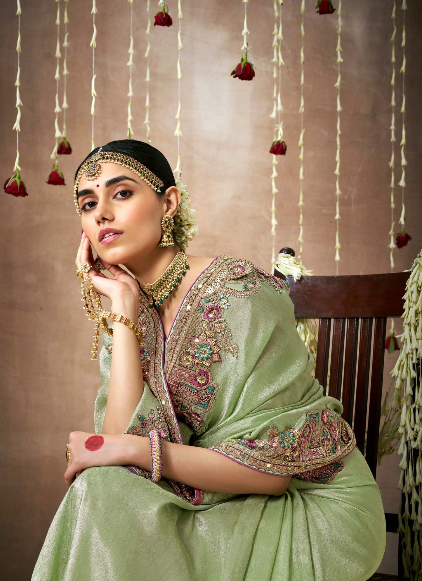 Sea Green Tissue Dola Silk Pearl & Mirror Embroidery Dulhan Saree