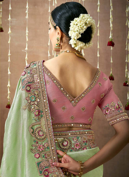 Sea Green Tissue Dola Silk Pearl & Mirror Embroidery Dulhan Saree