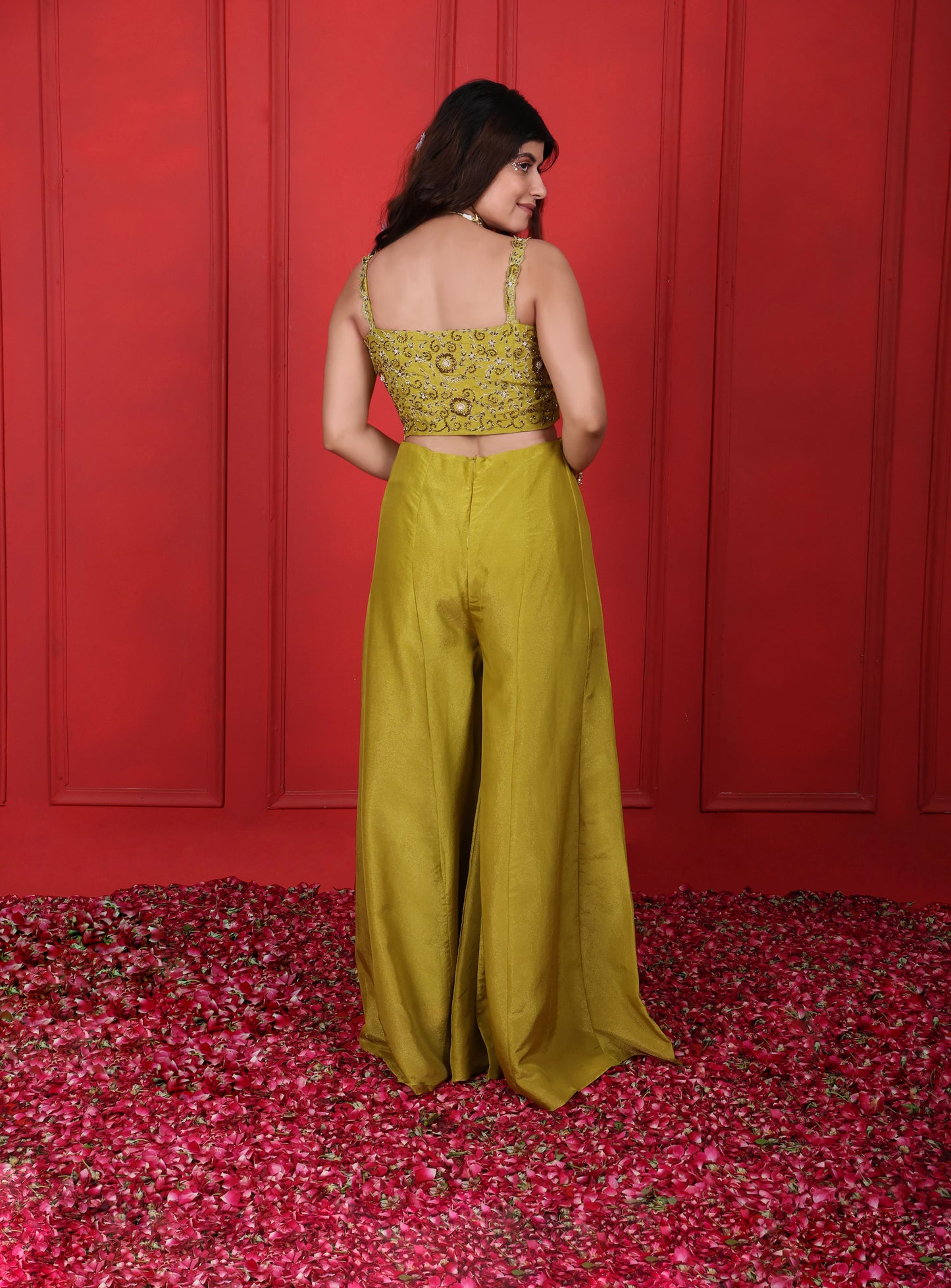 Green Lemon Ginger Hand Embroidered Blouse With Flared High Waisted Pants