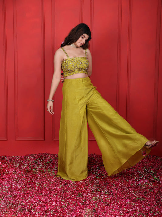 Green Lemon Ginger Hand Embroidered Blouse With Flared High Waisted Pants