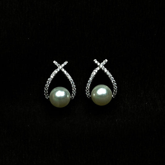 Zevar Club Rhodium-Plated Handcrafted Cubic Zirconia & White Pearl Loop Stud Earrings