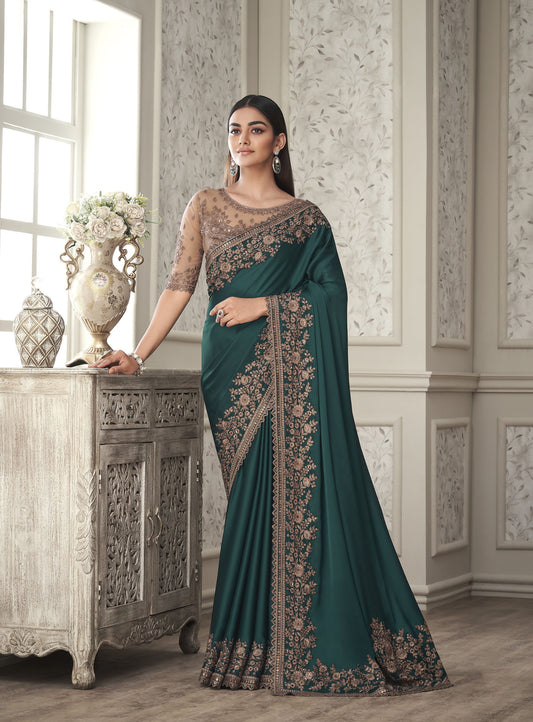 Green Color Resham Embroidered Satin Silk Saree