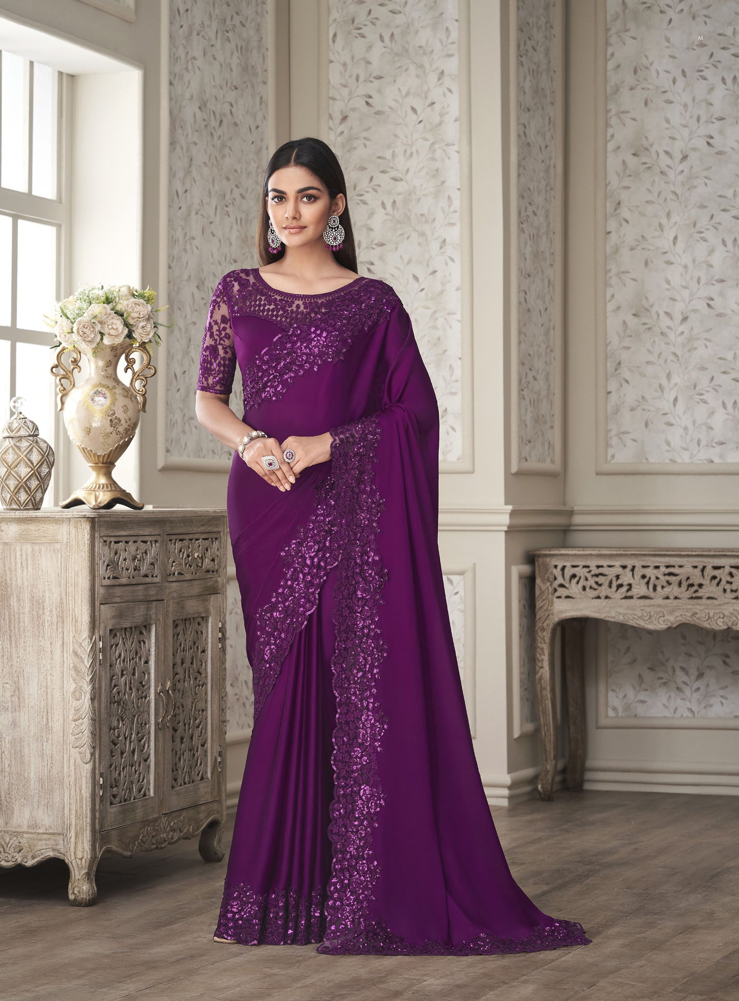 Dark Purple Color Resham Embroidered Satin Silk Saree