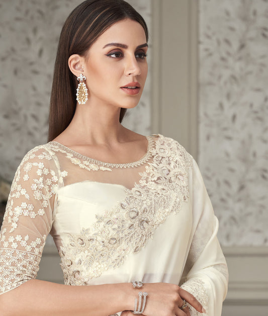 White Color Resham Embroidered Satin Silk Saree