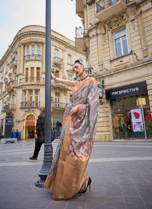 Gold and Bronze Kinsel Printed Poly Handloom Saree