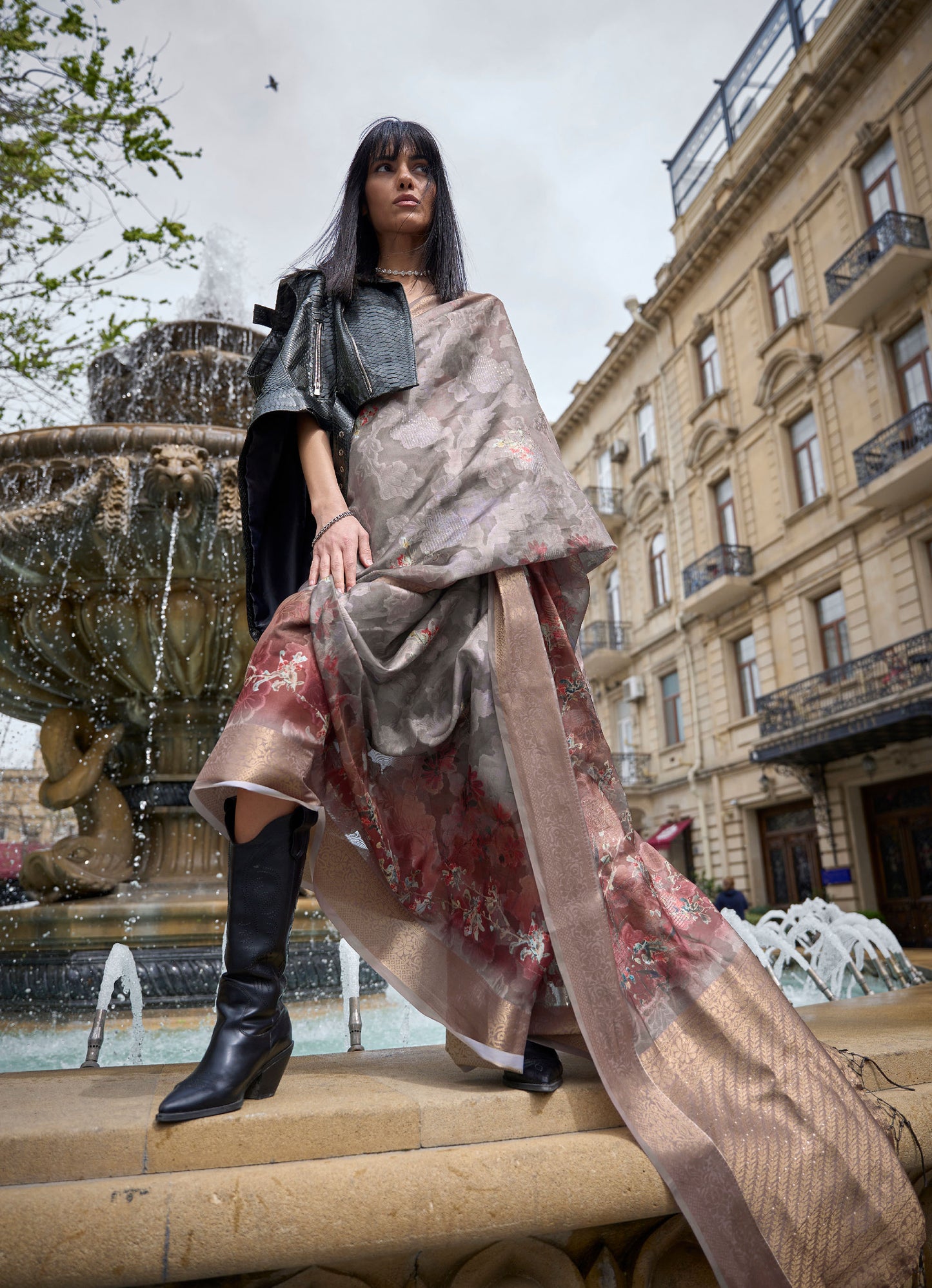 Grey and Bronze Kinsel Printed Poly Handloom Saree