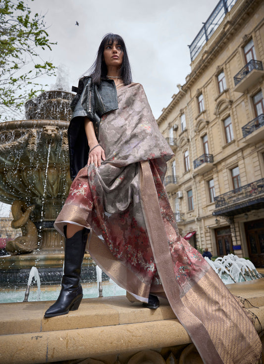 Grey and Bronze Kinsel Printed Poly Handloom Saree