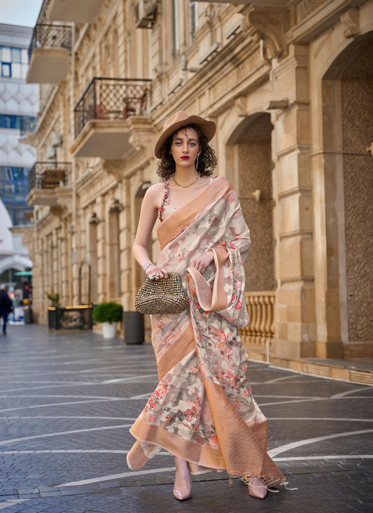 Beige and Copper Kinsel Printed Poly Handloom Saree