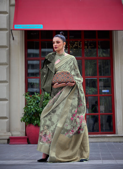Olive Green Floral Kinsel Printed Poly Handloom Saree