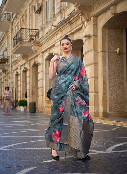Dark Green Floral Kinsel Printed Poly Handloom Saree