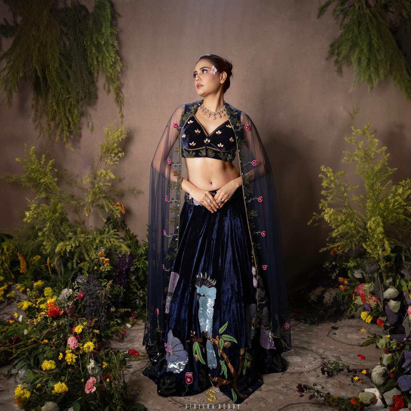 Navy Blue Velvet Hand Embroidered Designer Flying Soul Bridal Lehenga