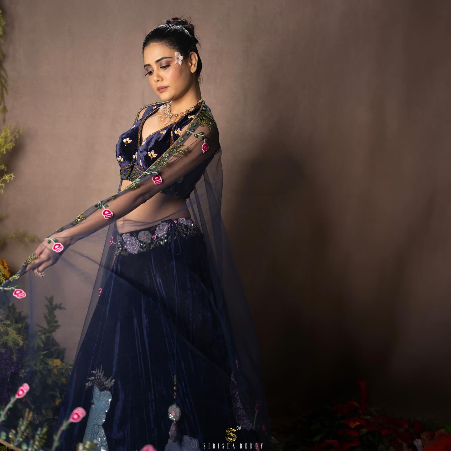 Navy Blue Velvet Hand Embroidered Designer Flying Soul Bridal Lehenga