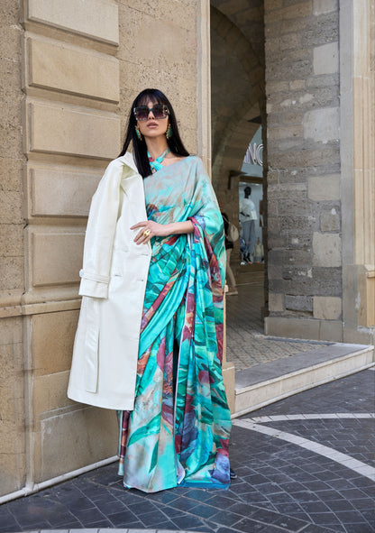 Turquoise Klora Satin Crepe Digital Print Saree