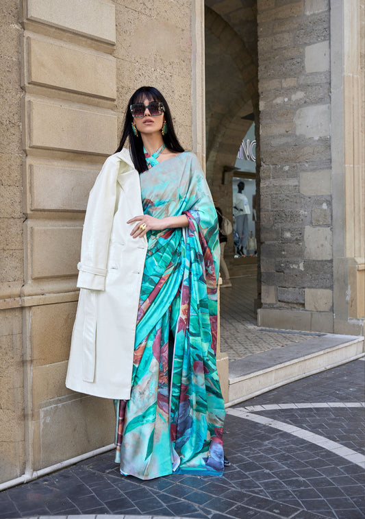 Turquoise Klora Satin Crepe Digital Print Saree