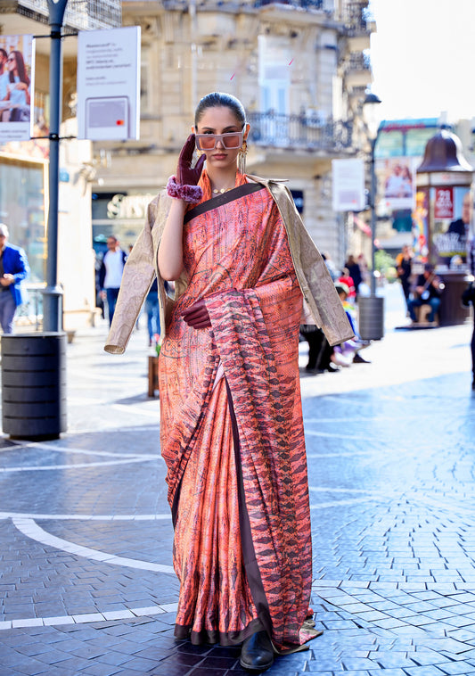 coral Klora Satin Crepe Digital Print Saree