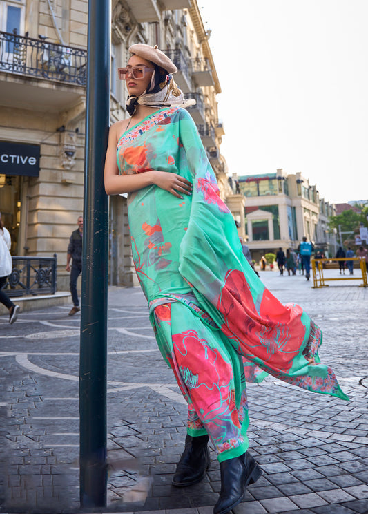 Mint Green Krayon Pure Silk Crepe Print Saree