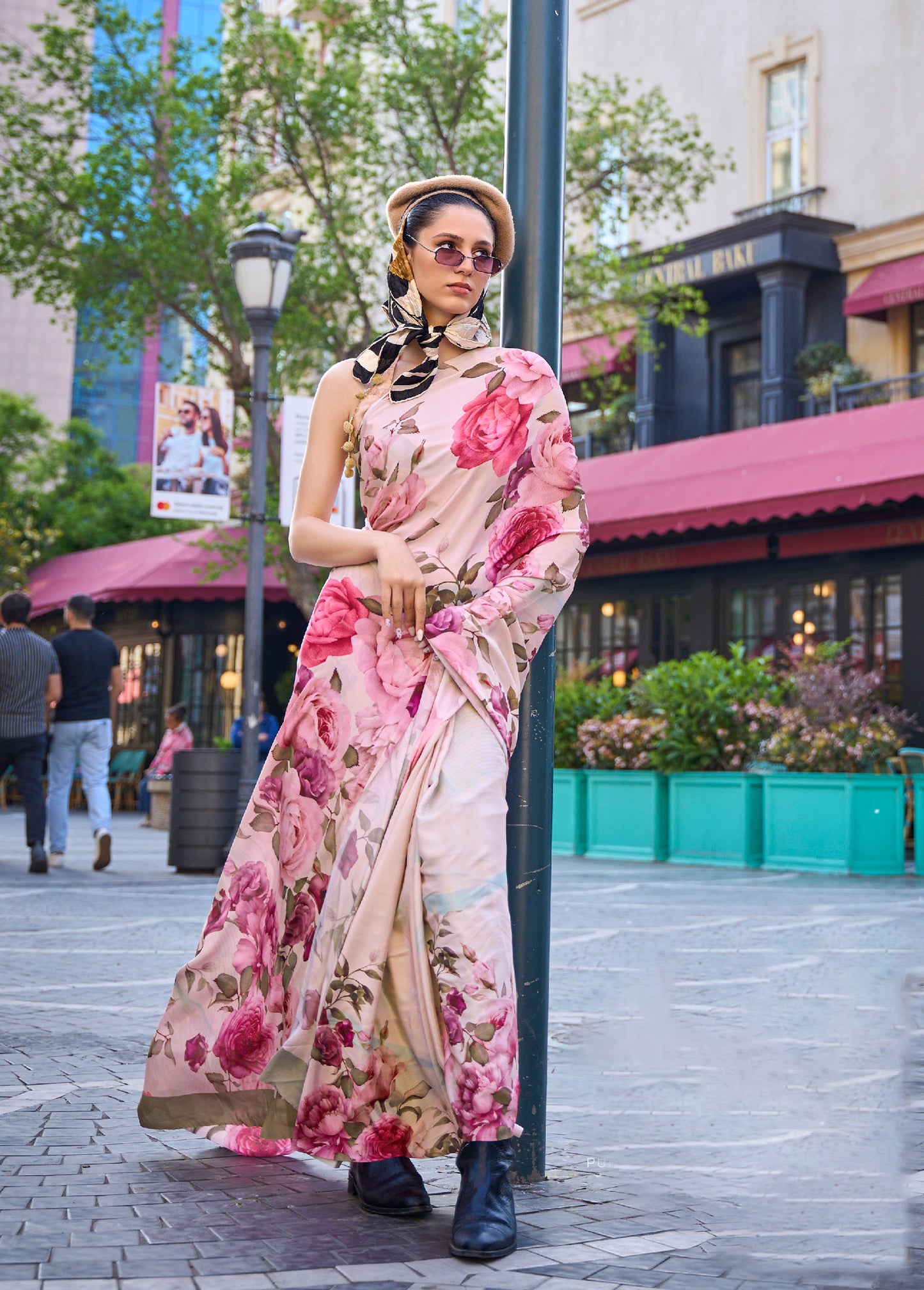 Peach Floral Krayon Pure Silk Crepe Print Saree