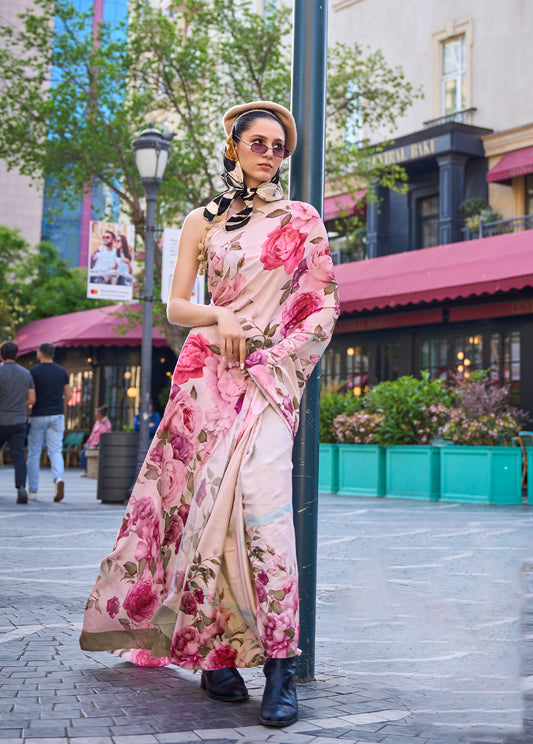 Peach Floral Krayon Pure Silk Crepe Print Saree