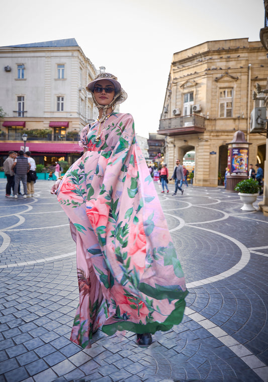 Light Pink Floral Krayon Pure Silk Crepe Print Saree