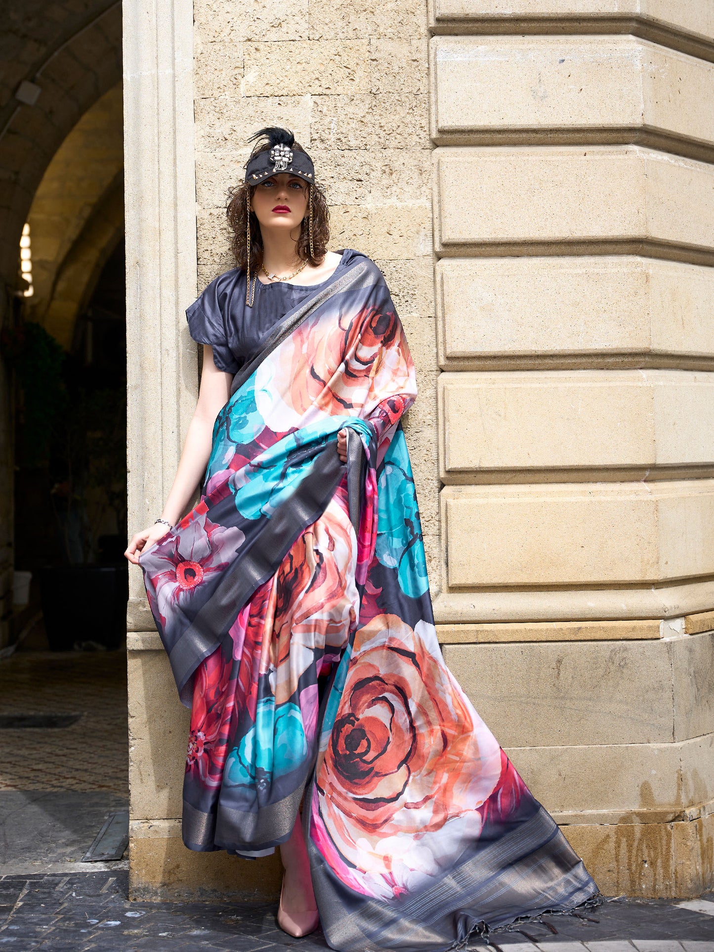 Black Multi Color Floral Kopper Pure Gaji Silk Handloom Saree