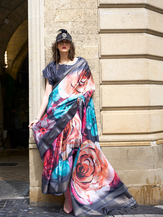 Black Multi Color Floral Kopper Pure Gaji Silk Handloom Saree