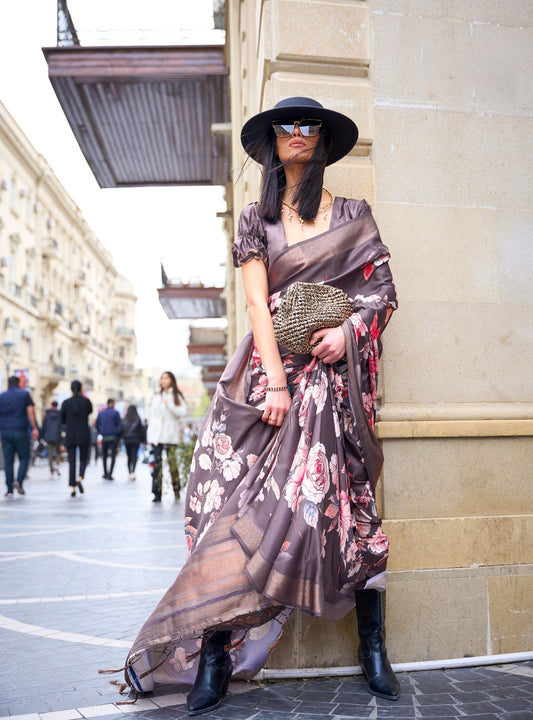 Old Lavender Floral Kopper Pure Gaji Silk Handloom Saree