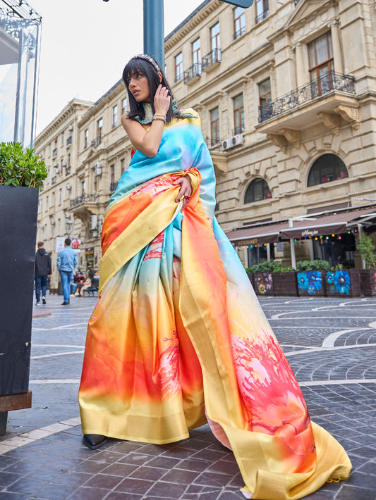 Sky Blue and Yellow Kopper Pure Gaji Silk Handloom Saree