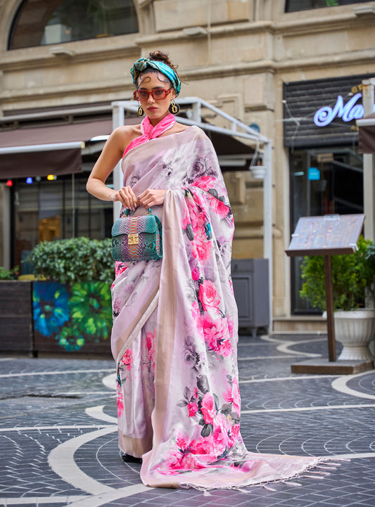 Lavender FLoral Kopper Pure Gaji Silk Handloom Saree