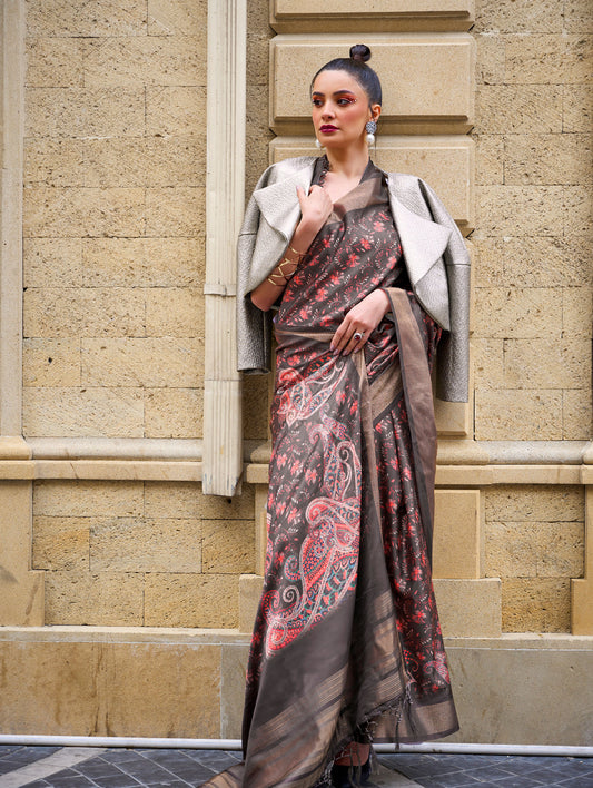 Brown FLoral Kopper Pure Gaji Silk Handloom Saree