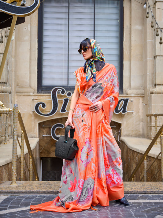 Orange FLoral Kopper Pure Gaji Silk Handloom Saree