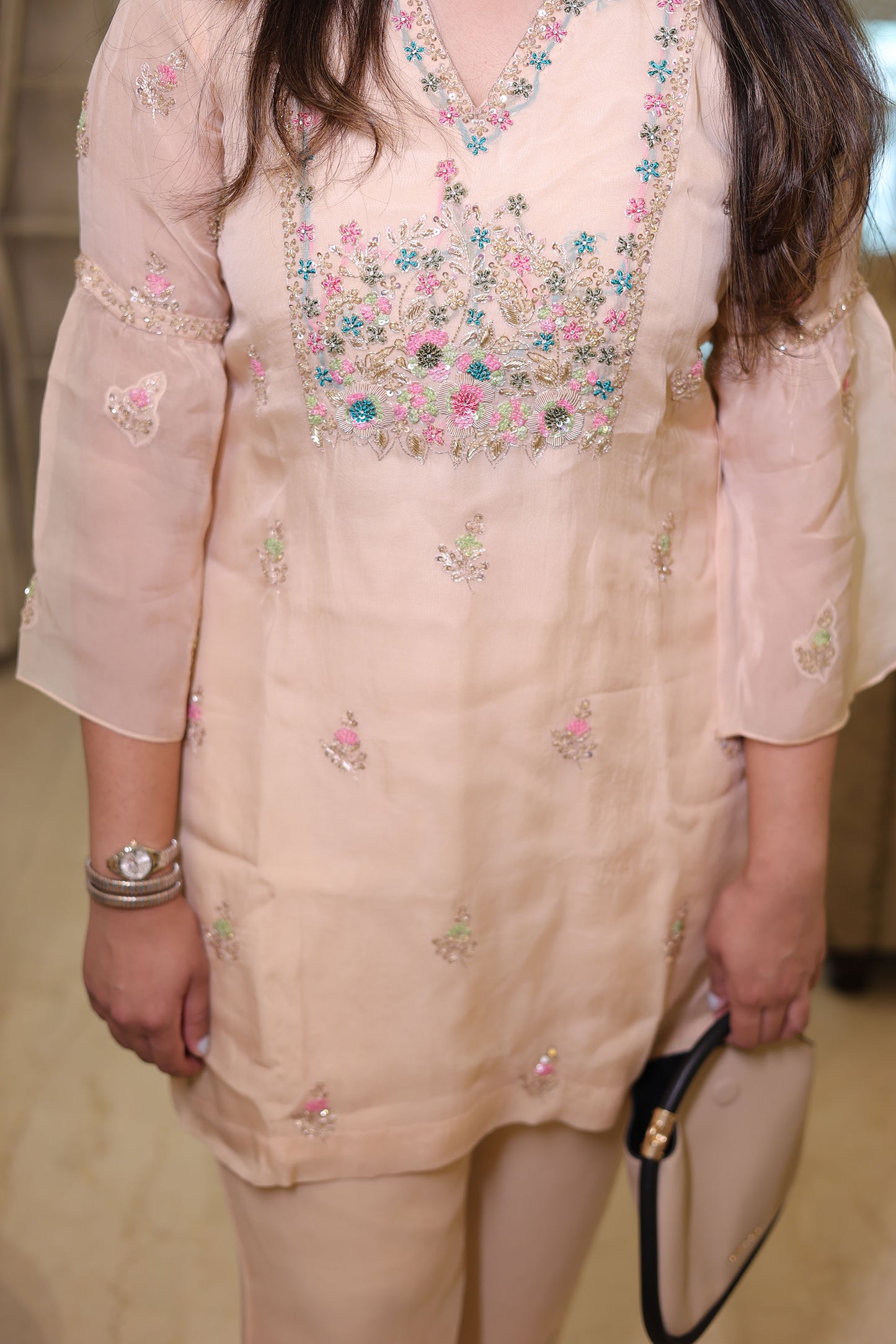 Beige Organza Dabka Hand Work Festive Coord Set