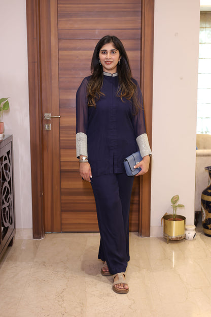 Navy Blue Georgette cutdana embroidered Festive coord set