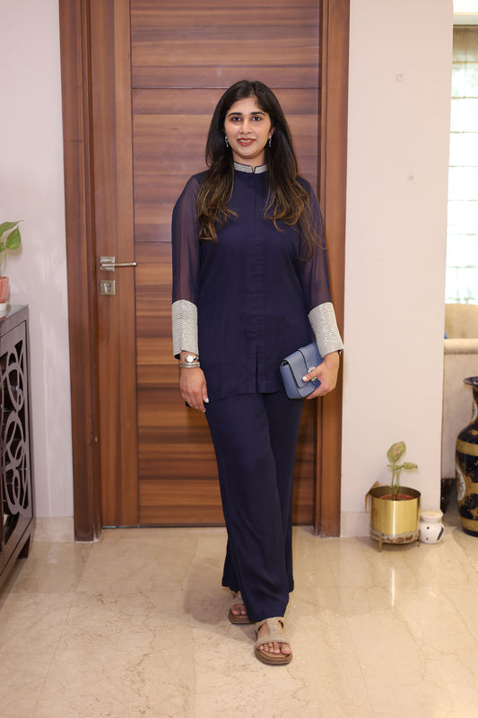 Navy Blue Georgette cutdana embroidered Festive coord set