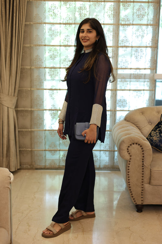 Navy Blue Georgette cutdana embroidered Festive coord set