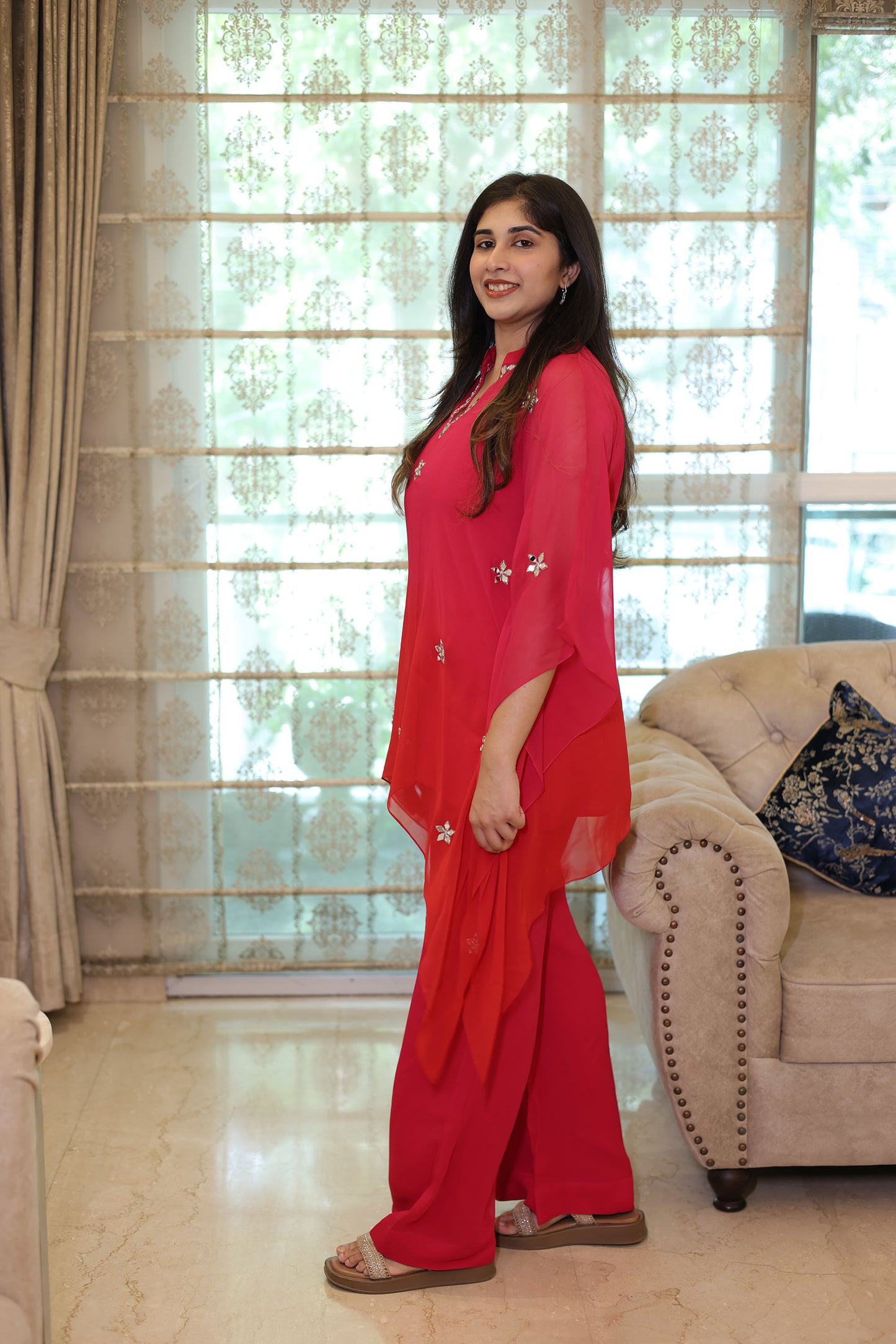 Ombre Red Georgette Mirror Work Kaftan set for Sangeet