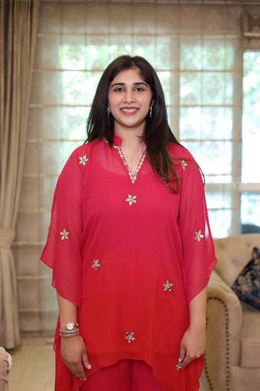 Ombre Red Georgette Mirror Work Kaftan set for Sangeet