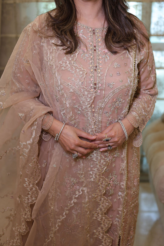 Beige Organza Sequins & Cutdana Work Pakistani Suit set for Eid
