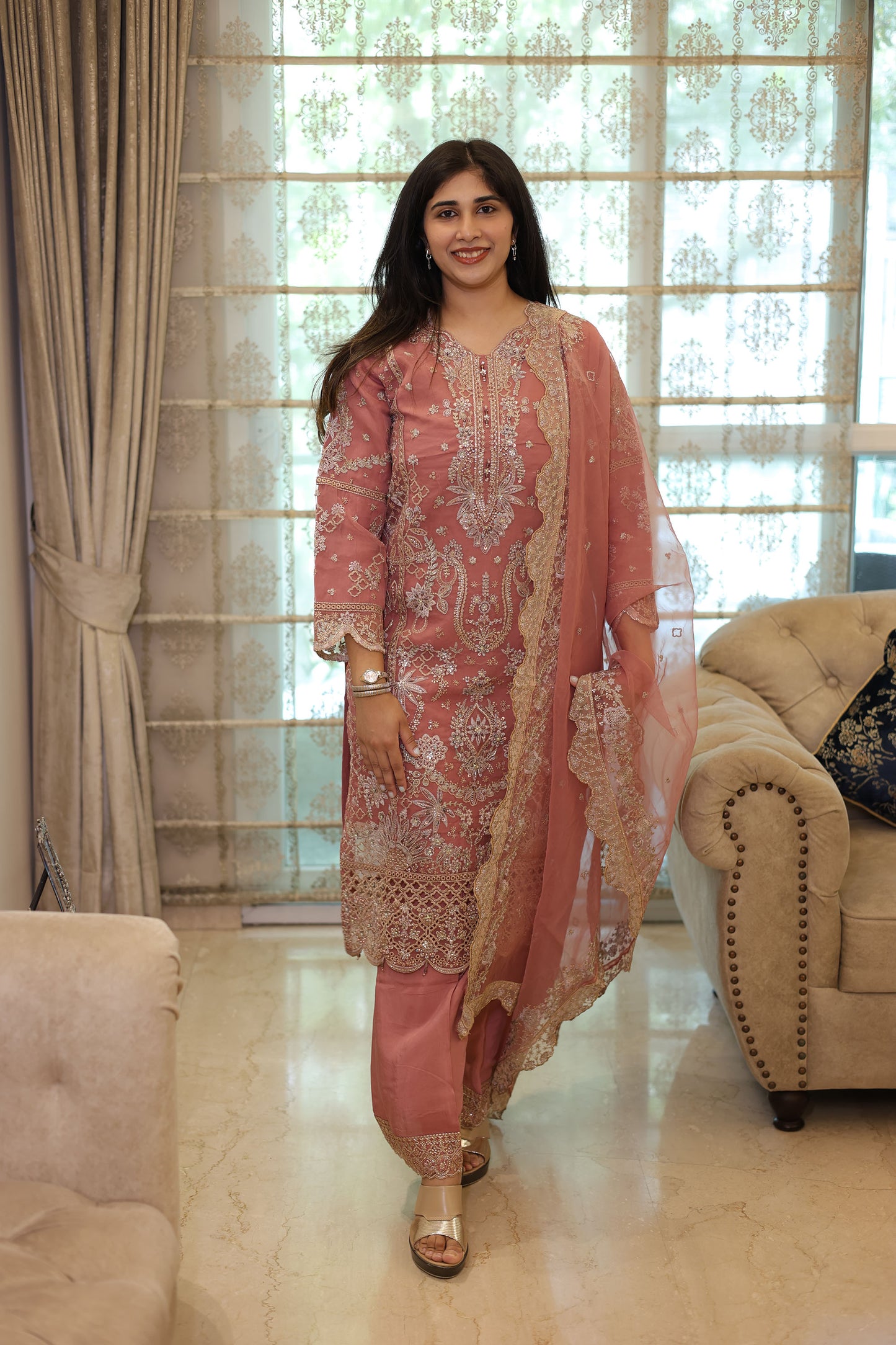 Pink Organza Sequins & Cutdana Work Pakistani Suit set for Eid