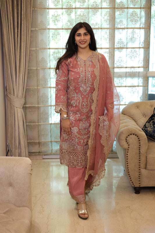 Pink Organza Sequins & Cutdana Work Pakistani Suit set for Eid