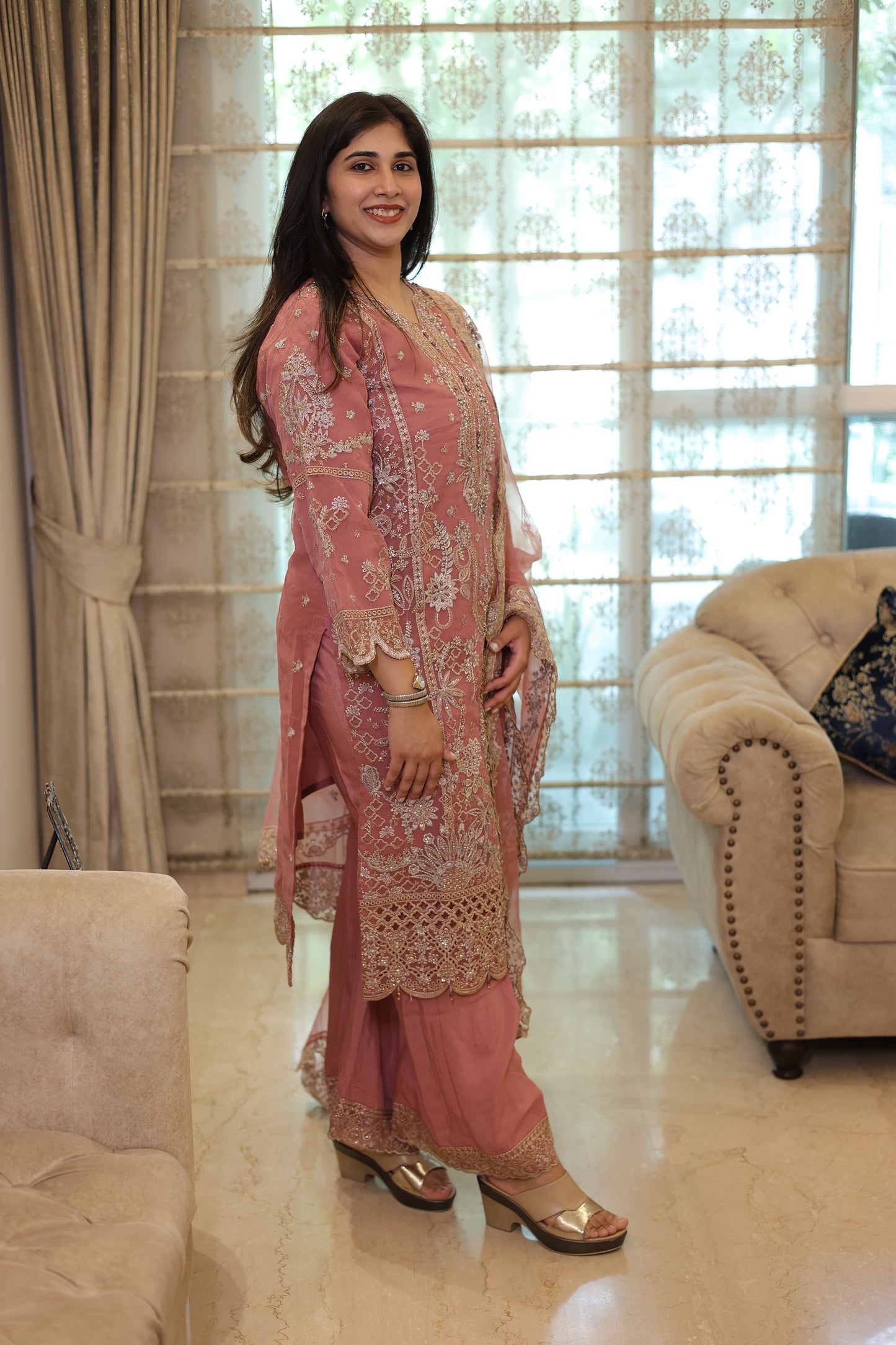 Pink Organza Sequins & Cutdana Work Pakistani Suit set for Eid