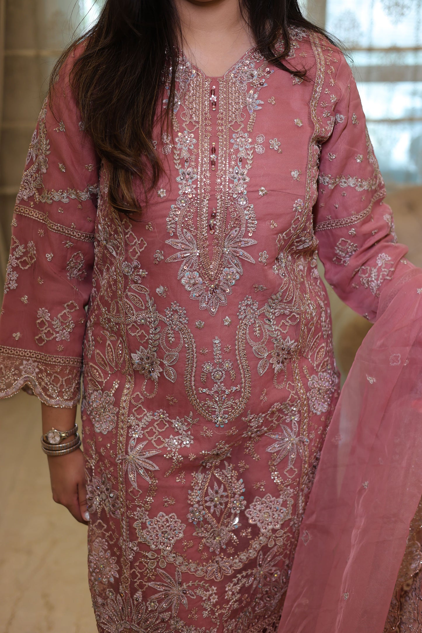 Pink Organza Sequins & Cutdana Work Pakistani Suit set for Eid