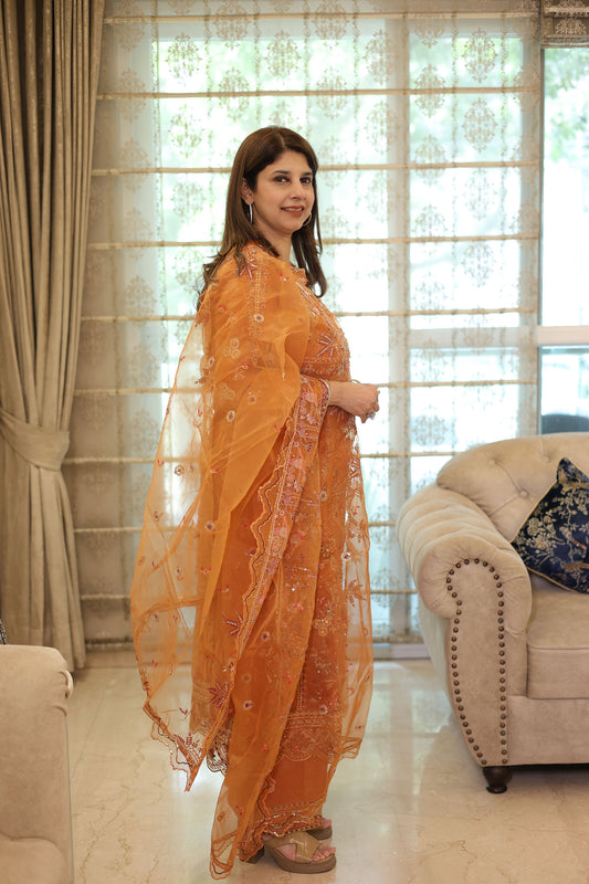Orange Organza Sequins & Cutdana Work Pakistani Suit set for Eid