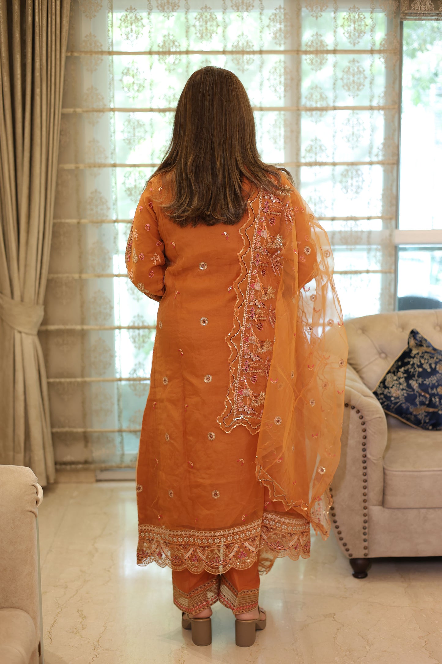 Orange Organza Sequins & Cutdana Work Pakistani Suit set for Eid