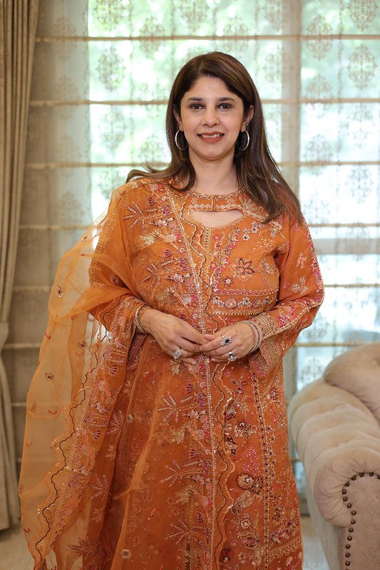 Orange Organza Sequins & Cutdana Work Pakistani Suit set for Eid
